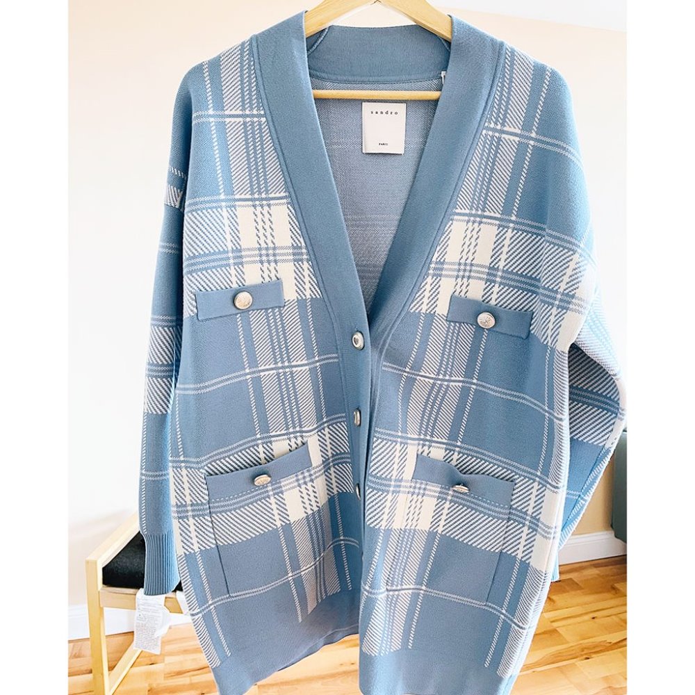 Sandro Jeck Plaid Knit Cardigan, Oversized Knitted Plaid Cardigan, Size1(S)